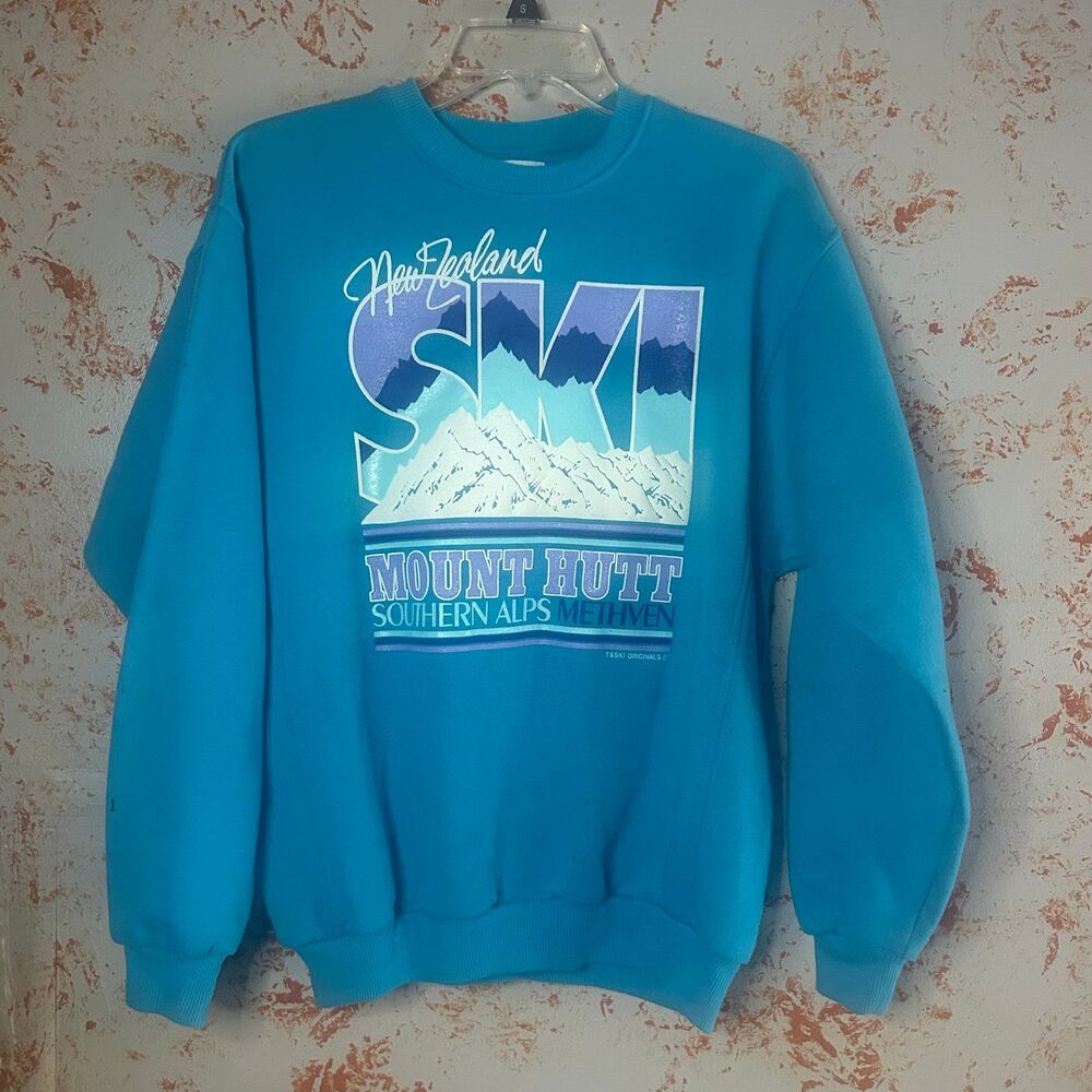 Vintage New Zealand Ski Sweatshirt Large Mount Hutt Southern Alps Teal Crewneck